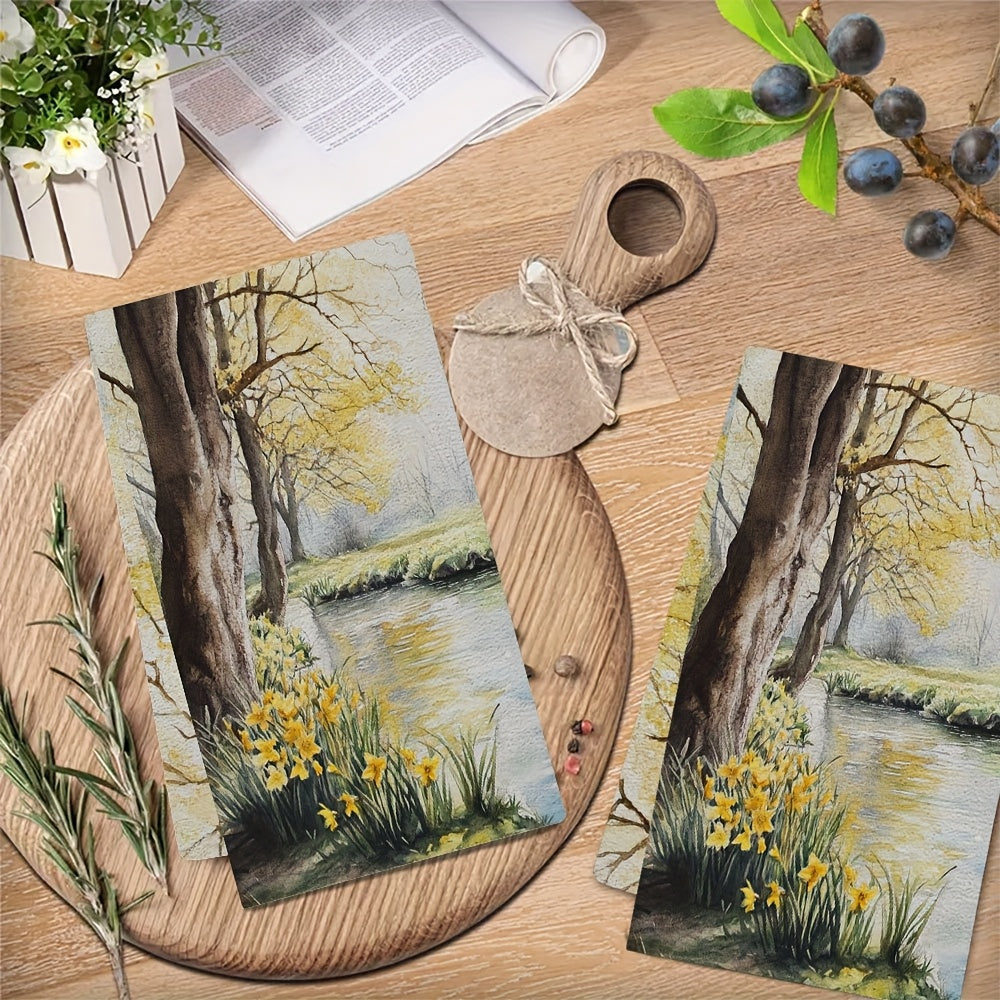 Set of 2 Ultra Soft Kitchen Towels featuring a "Spring Morning" Scenic Design showcasing Yellow Trees & Daffodils. These highly absorbent towels are machine washable, perfect for holiday decor. Measuring 40.64x60.96 cm, these absorbent dish towels are a