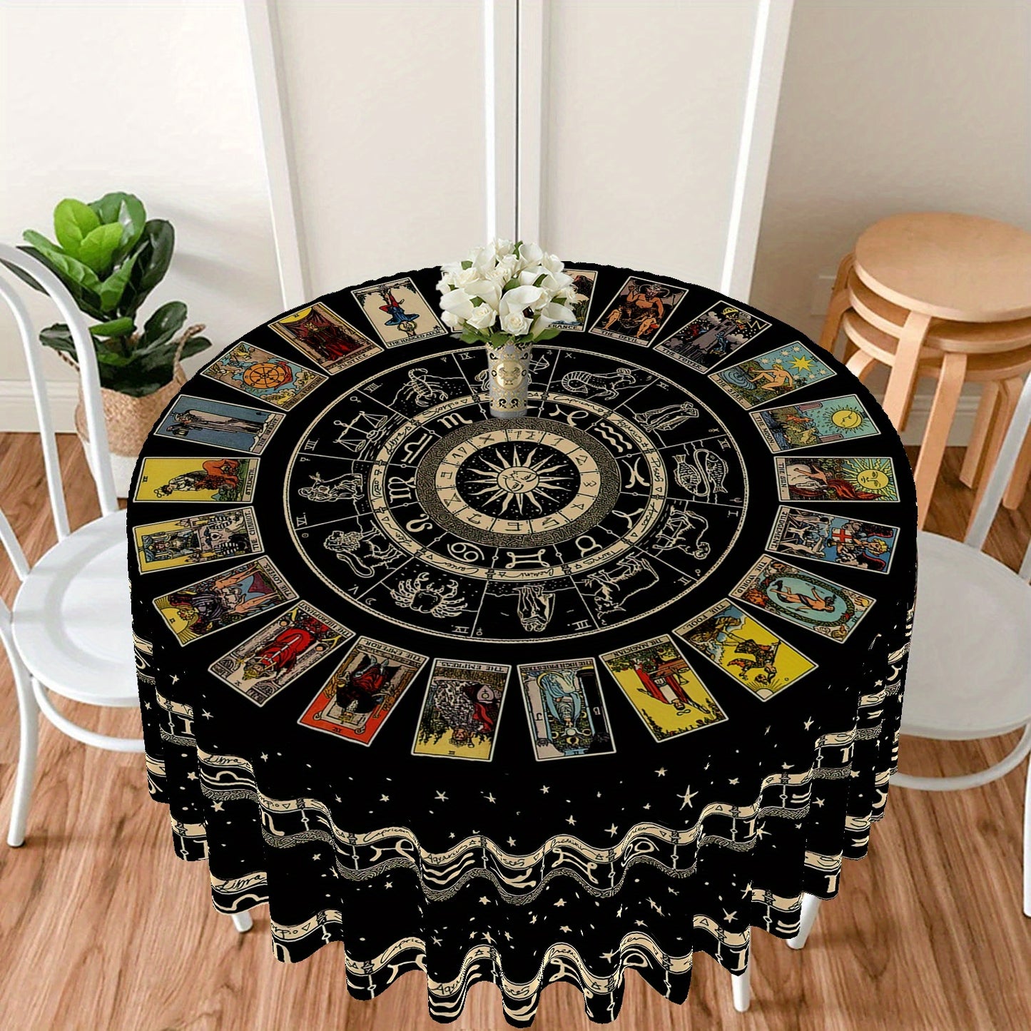 Tarot Round Tablecloth: 63 inch, Boho design with divination pattern. Stain-resistant, absorbent, and wrinkle-free. Ideal for home, kitchen, dining, parties, indoor/outdoor use. Perfect for room and scene decor.