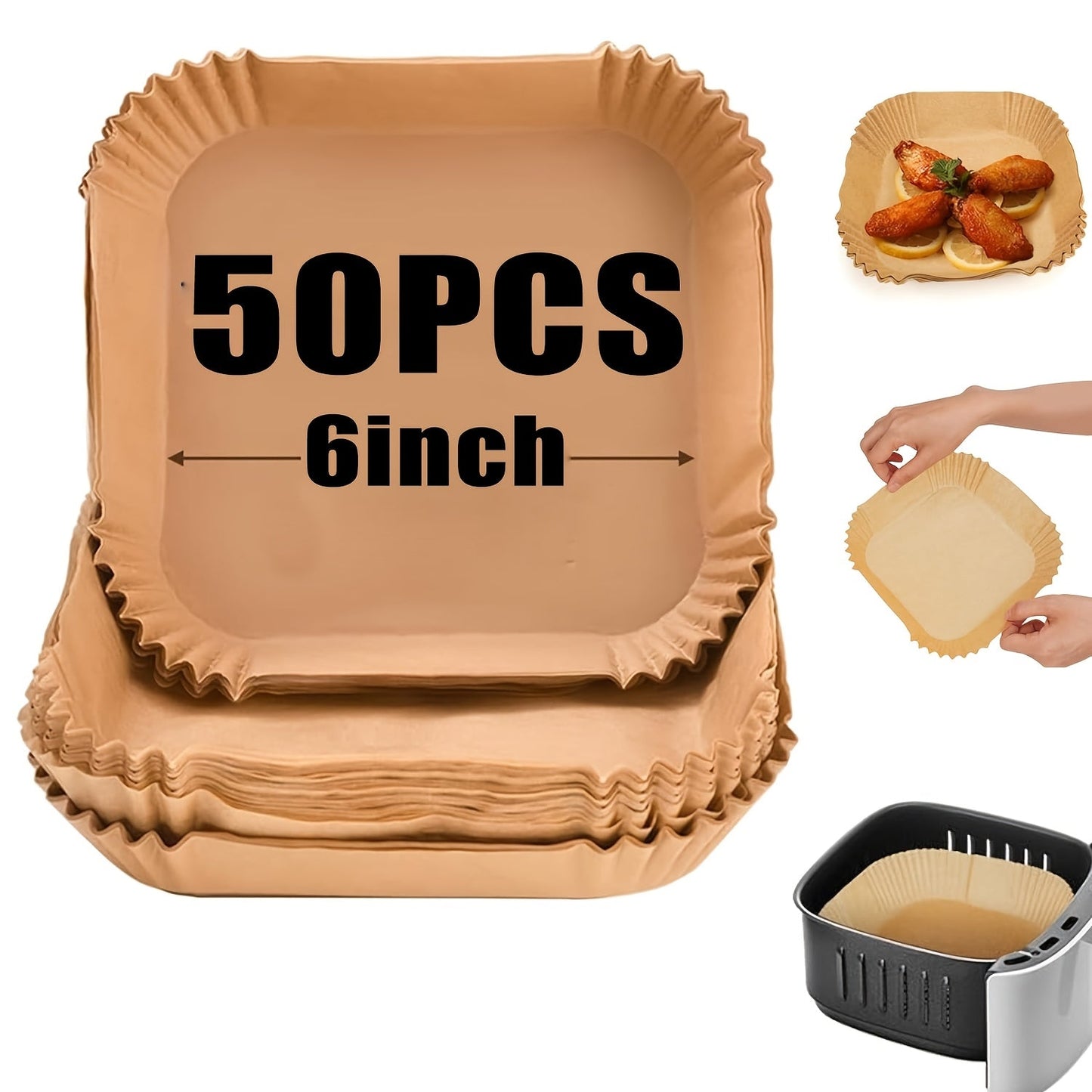 Pack of 50 disposable air fryer liners that are non-stick, rectangular paper baking trays. These oven-safe kitchen accessories are chemical-free baking tools designed for air fryer basket bowls.