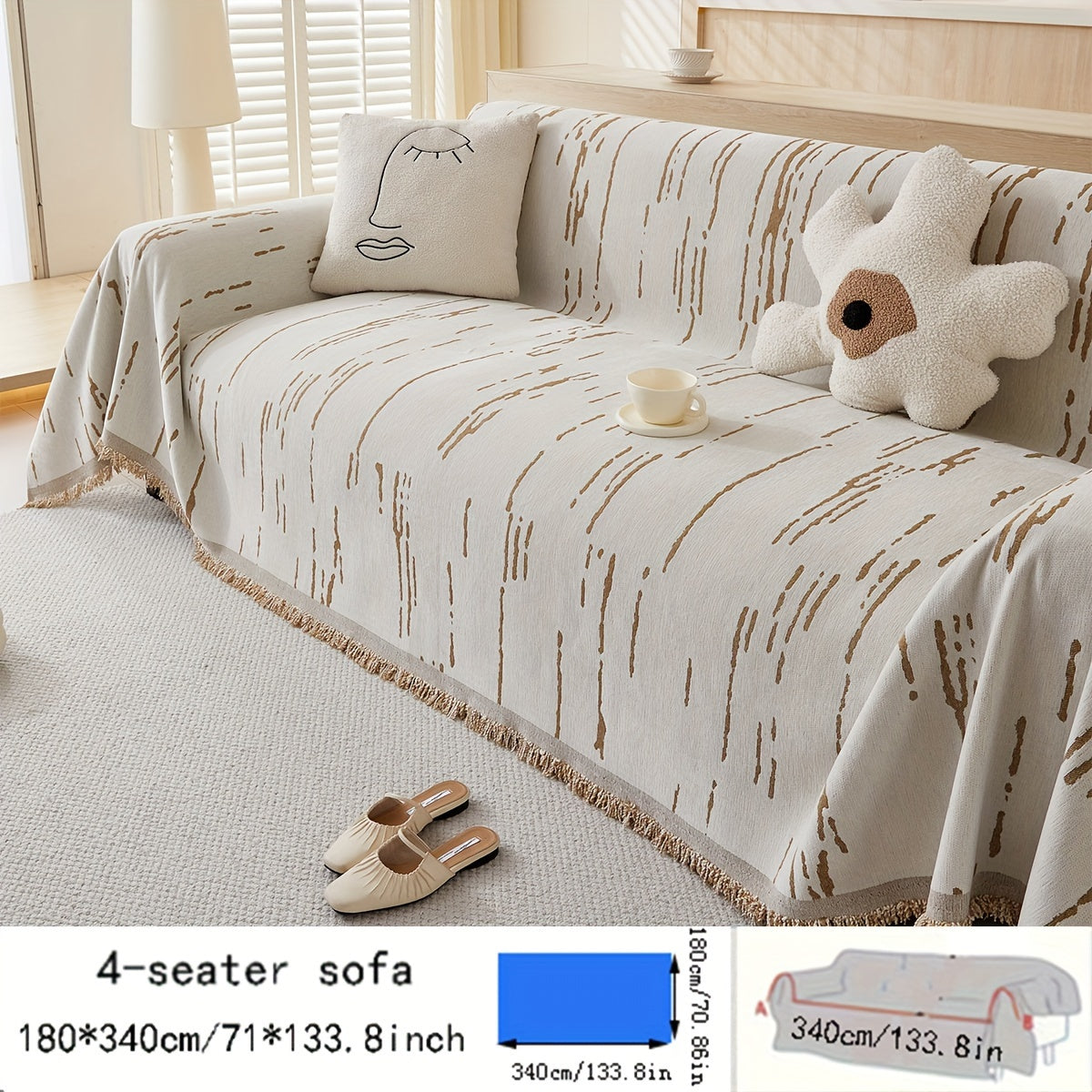 Chenille sofa cover with tassels – Reversible, pet-friendly, non-slip, thick fabric protector for all seasons. Ideal for living room, kitchen, and cafe decor.