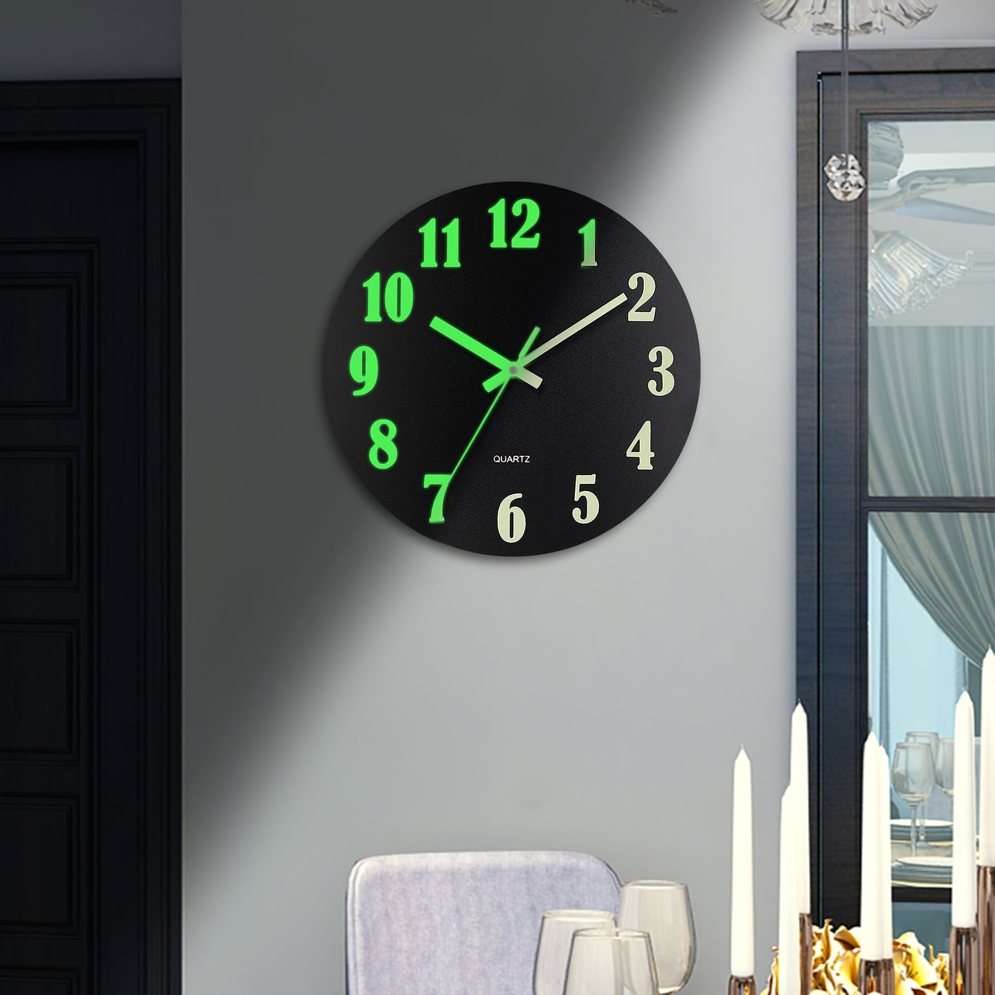 Black glow-in-the-dark wall clock with retro design and silent non-ticking mechanism. Features wooden frame, luminous green numbers for day and night display. Ideal for living room, bedroom, kitchen, or office decor. Batteries not included.