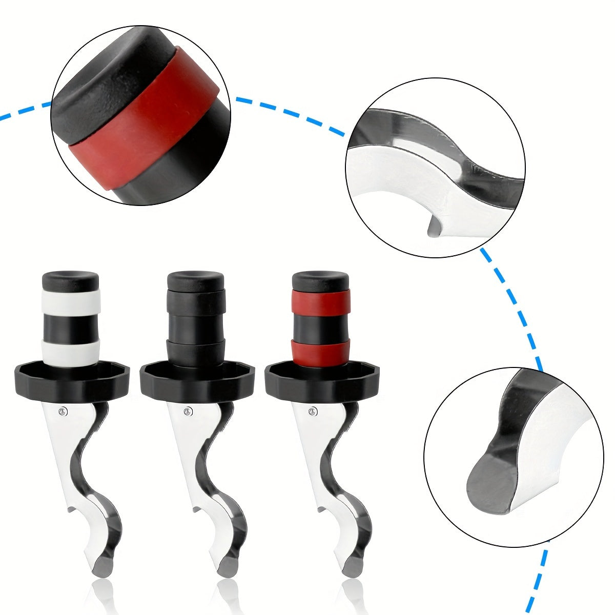 3 stainless steel wine stoppers for preserving freshness in wine, beer, and beverages, leak-proof and dishwasher safe.