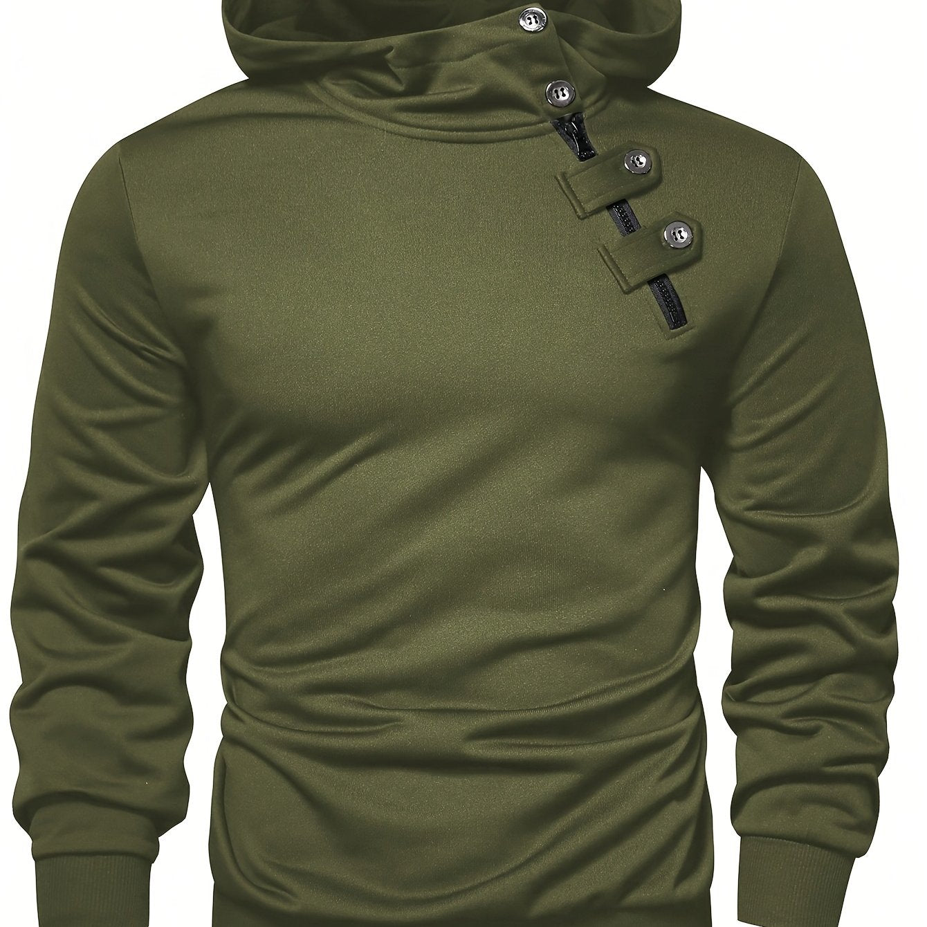 Men's casual polyester hoodie with button detail, solid color knit fabric sweatshirt with slight stretch, regular fit hooded pullover for spring/fall.