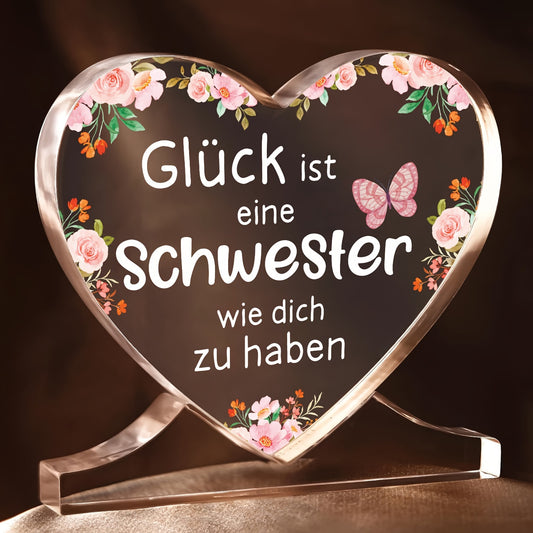 Heart shaped acrylic plaque decoration, personalized German gift for sister, suitable for office or bedroom, ideal for Thanksgiving, Christmas, or birthday.