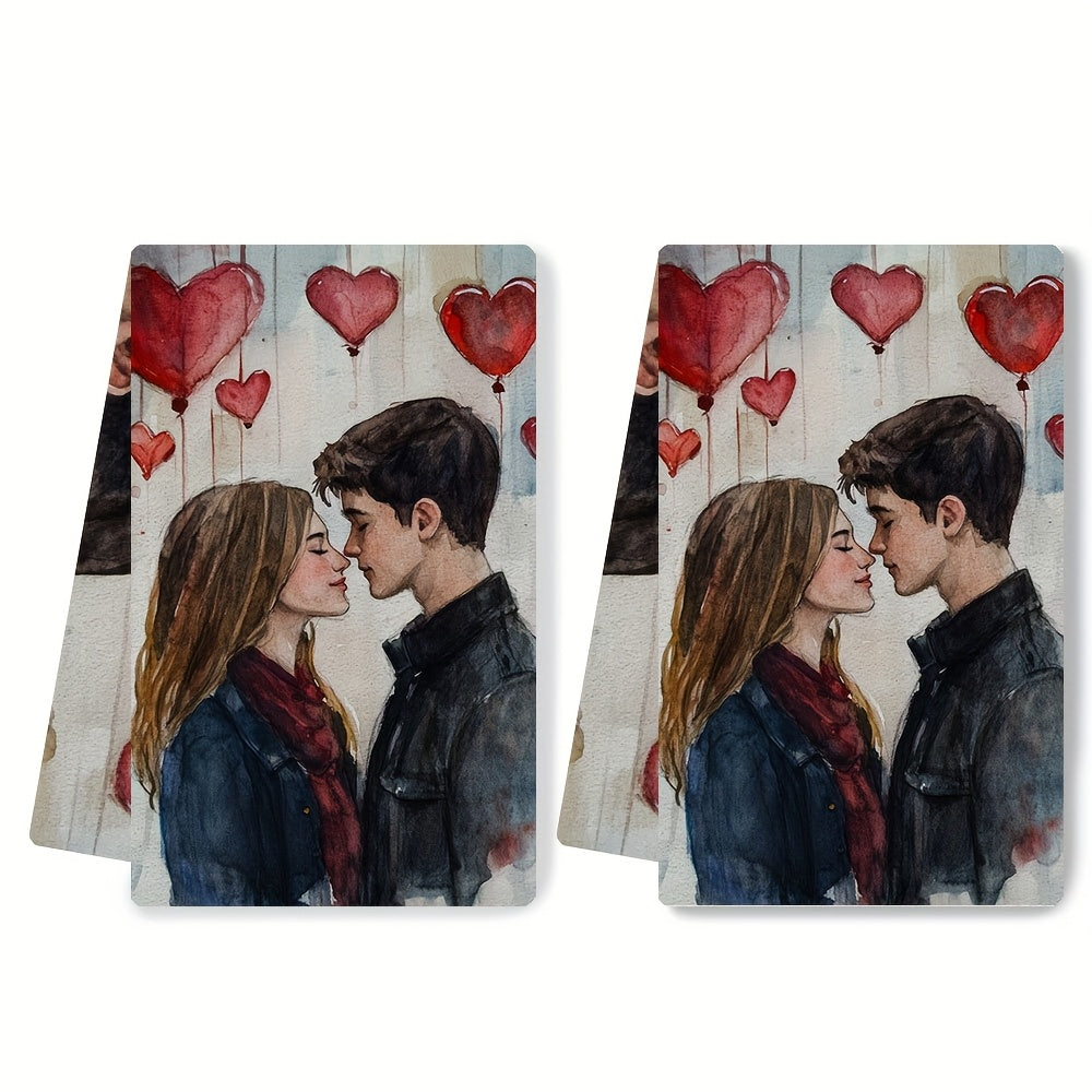 Set of 2 Ultra Soft Kitchen Towels - Romantic Valentine's Day Theme featuring Young Lovers, Excellent Absorbency & Machine Washable Dish Hand Towels, Modern Watercolor Design, Size: 40.64x60.96 cm, Kitchen Dish Towels