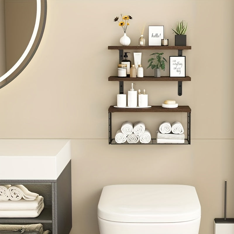 Wooden floating storage rack with paper towel and toilet paper baskets for bathroom organization and country home decor.