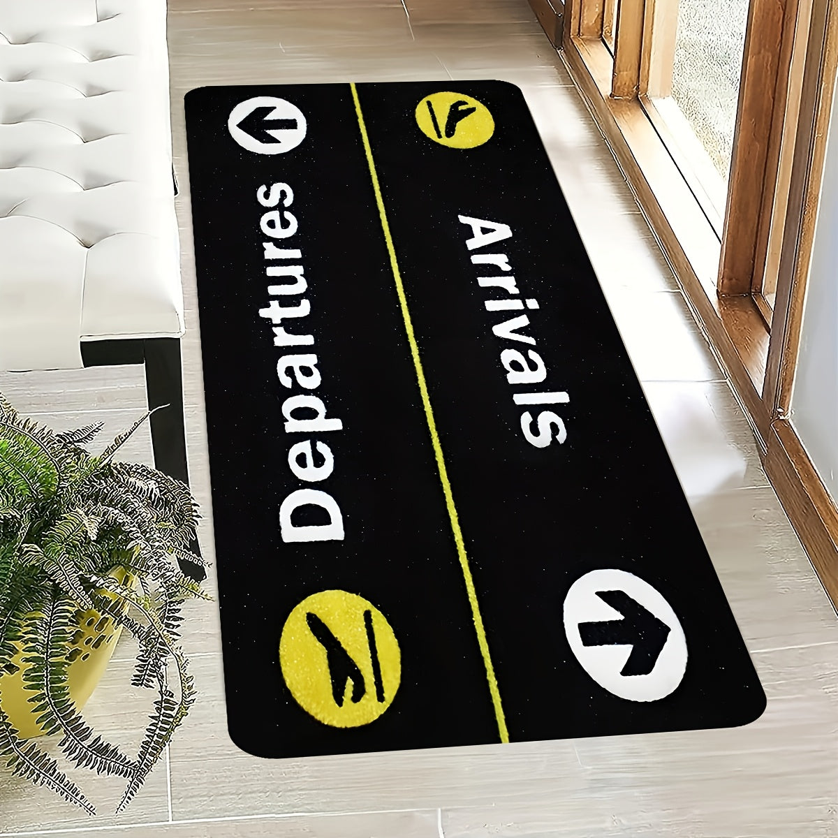 Arrivals Departures Flight Theme Doormat - Non-Slip, Stain-Resistant Polyester Mat with Braided Weave, Medium Pile, PVC Backing, Machine Washable, Rectangle Shape, Perfect for Home Decor, Easter & St. Patrick's Day, 1 Piece