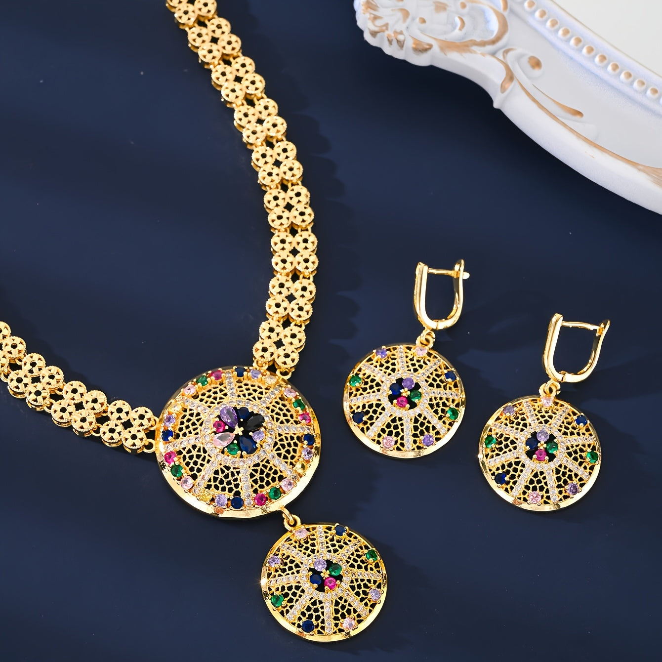 Exquisite 4-Piece Jewelry Set with an Arabian Vintage Touch - Crafted from 18K Gold-Plated Copper adorned with Vibrant Zirconia Stones. Set includes Ring, Earrings, Necklace, and Bracelet - Ideal for Wedding and Festive Occasions