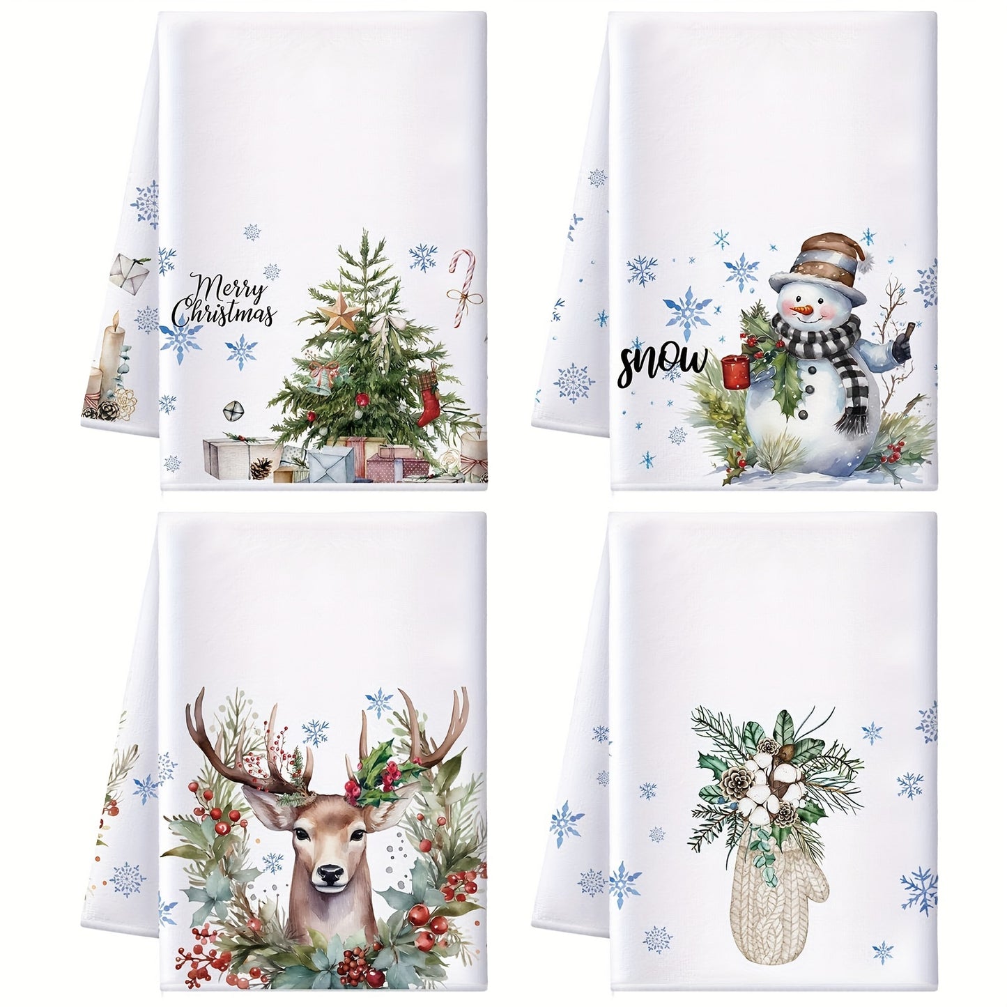 2-piece Christmas kitchen towel set with absorbent design featuring Christmas tree, snowflake, snowman, and winter watercolor reindeer. Perfect for housewarming bathroom supplies.