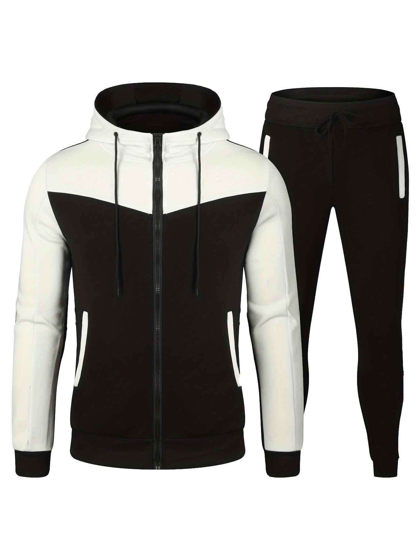 Men's athletic two-piece set: zip-up hoodie with drawstring waistband and matching joggers made of breathable polyester. Casual sportswear for spring and fall.