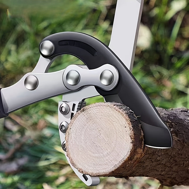 Professional telescopic bypass pruning shears with metal body and ergonomic handle for fruit tree branches, gardening clippers, extendable lopper cutter tool.