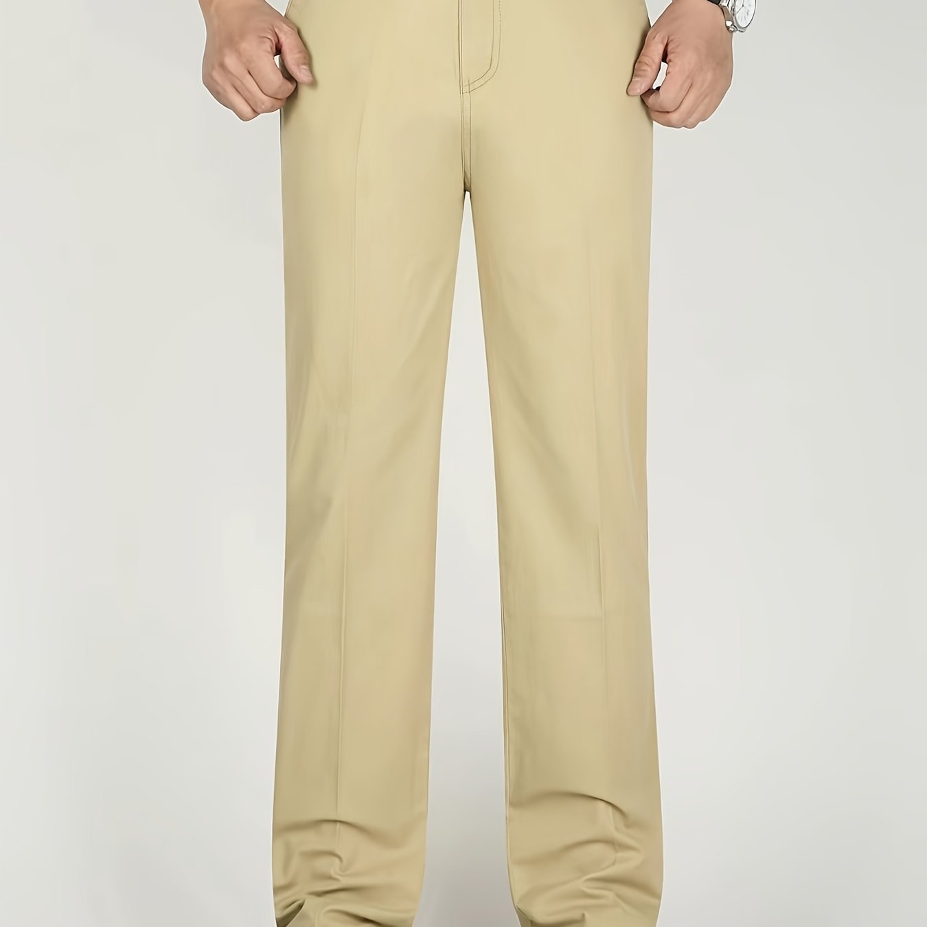 Men's solid straight leg business slacks with versatile draping, light business style.