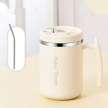 Stylish stainless steel coffee mug with straw, handle, perfect for office, reading, camping. Available in orange, light blue, cream, ideal for drinking coffee or tea.