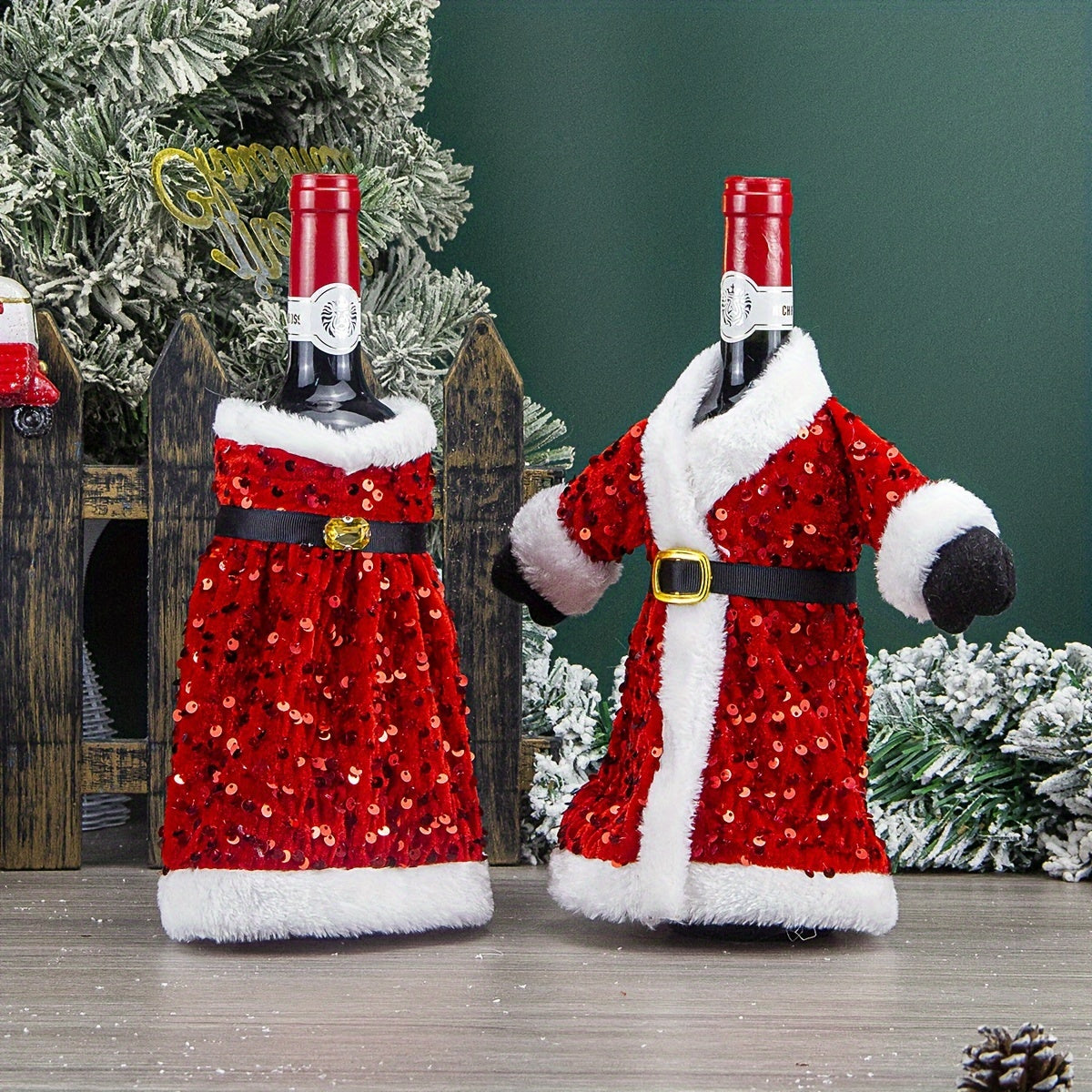 Set of 2 Festive Christmas wine bottle covers with sequined attire, plush hats, and leak-proof sweater. Perfect for wine lovers, home decor, and family gatherings.