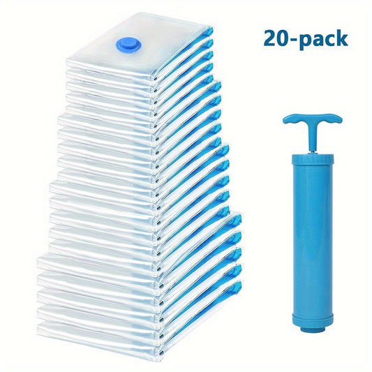 Set of 6, 12, 15, or 20 Basics Vacuum Compression Storage Bags with Hand Pump. This set includes multiple sizes in clear, sealed plastic containers for storing clothes, blankets, shirts, and more. Perfect for organizing and saving space in your household.