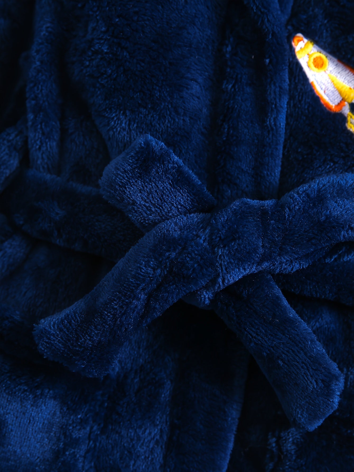 Blue flannel hooded bathrobe with rocket embroidery - cozy, thick, and machine washable for kids