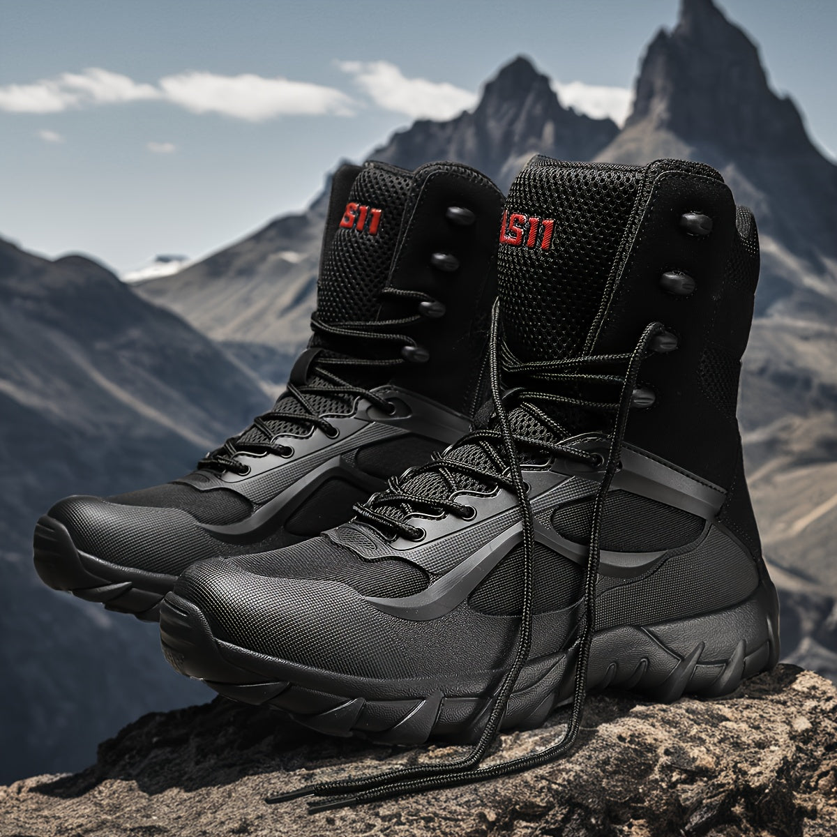 Men's tactical hiking boots with faux upper, PVC sole, fabric inner, zipper and lace closure. Short boot design with round toe, breathable and lightweight for outdoor adventures and daily