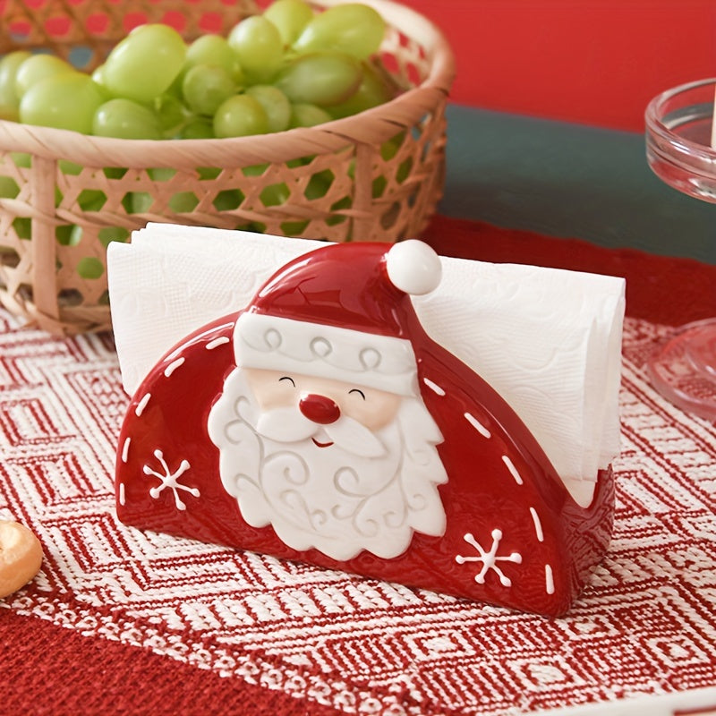 Festive Christmas Santa Claus Ceramic Napkin Holder - Adds Cheer to Your Tabletop with Embossed Cartoon Holiday Design, Perfect for Holding Paper Tissues