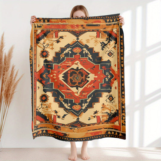 Soft and cozy contemporary knitted polyester flannel throw blanket featuring an ethnic carpet pattern digital print. This lightweight plush fleece is perfect for all seasons and can be used for sofa, home leisure, office nap, camping, and travel. It is