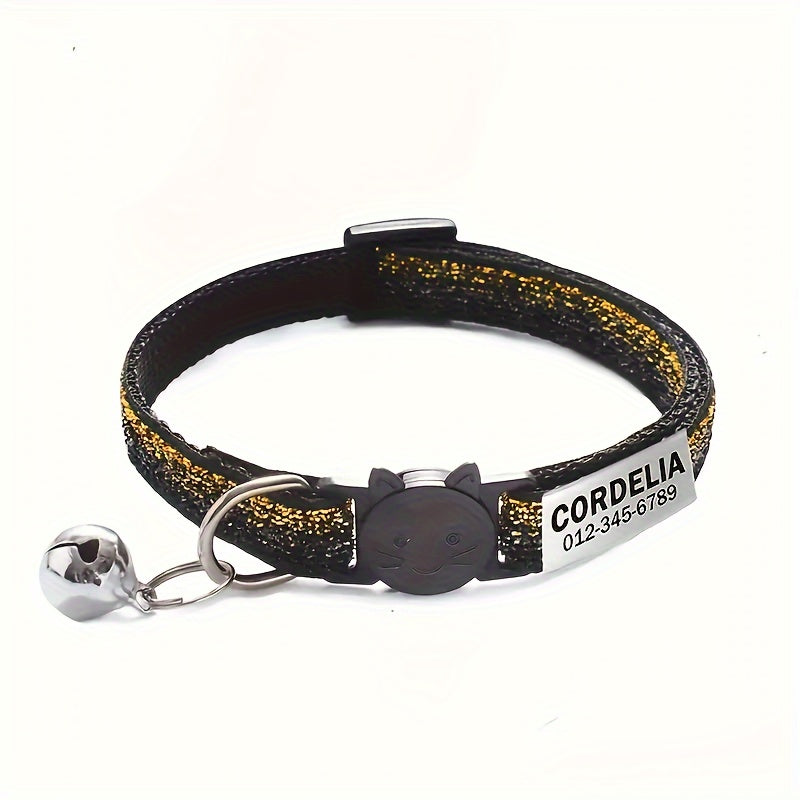 Personalized cat collar with bell, custom engraved ID tag, adjustable anti-suffocation design, suitable for kittens and puppies.