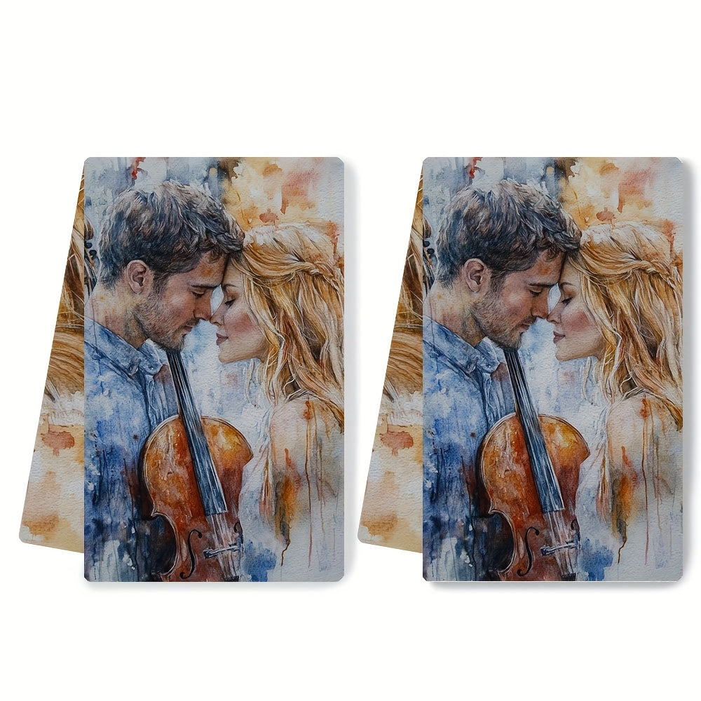 Two romantic violin duet themed kitchen towels are included. These ultra soft and highly absorbent dish towels are made of polyester and are machine washable. Each towel measures 40.64x60.96 cm and is perfect for holiday decor and everyday use in the