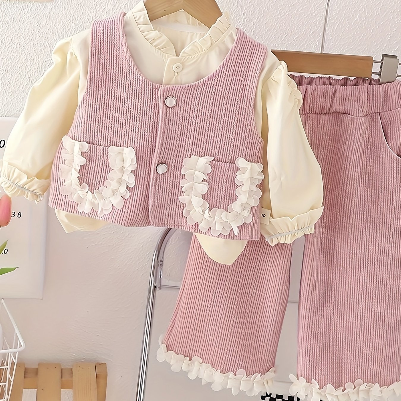 Girls' Autumn Outfit: Shirt, Vest with Lace Pockets, Trousers Set