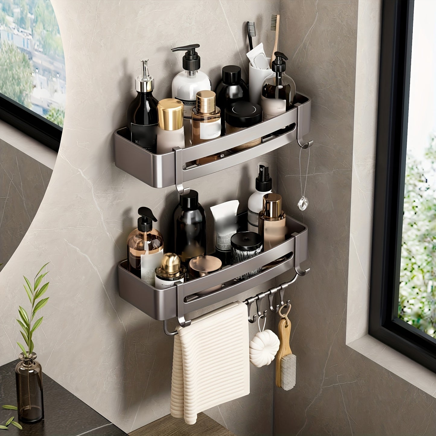 Wall-mounted bathroom storage rack for shampoo, shower gel, and cosmetics; made of space aluminum with no need for drilling.