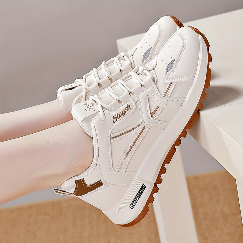 Women's Casual Athletic Sneakers in White with Black Accents - Lightweight, All-Season, Low-Top Lace-Up Shoes with Faux Leather & Mesh Interior, Comfortable PU Sole, Hand Washable