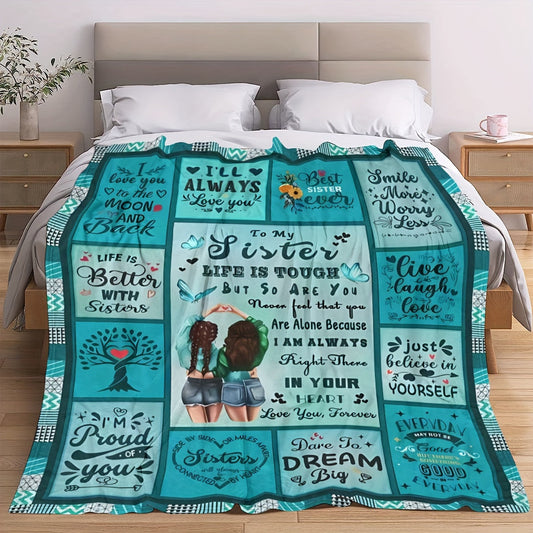 Flannel Fleece Sisters Gift Throw Blanket, suitable for all seasons with a contemporary style and vibrant digital print. Made with a cozy polyester cover, perfect for use on beds, sofas, or chairs. Lightweight with a fabric weight of 200-250g, this