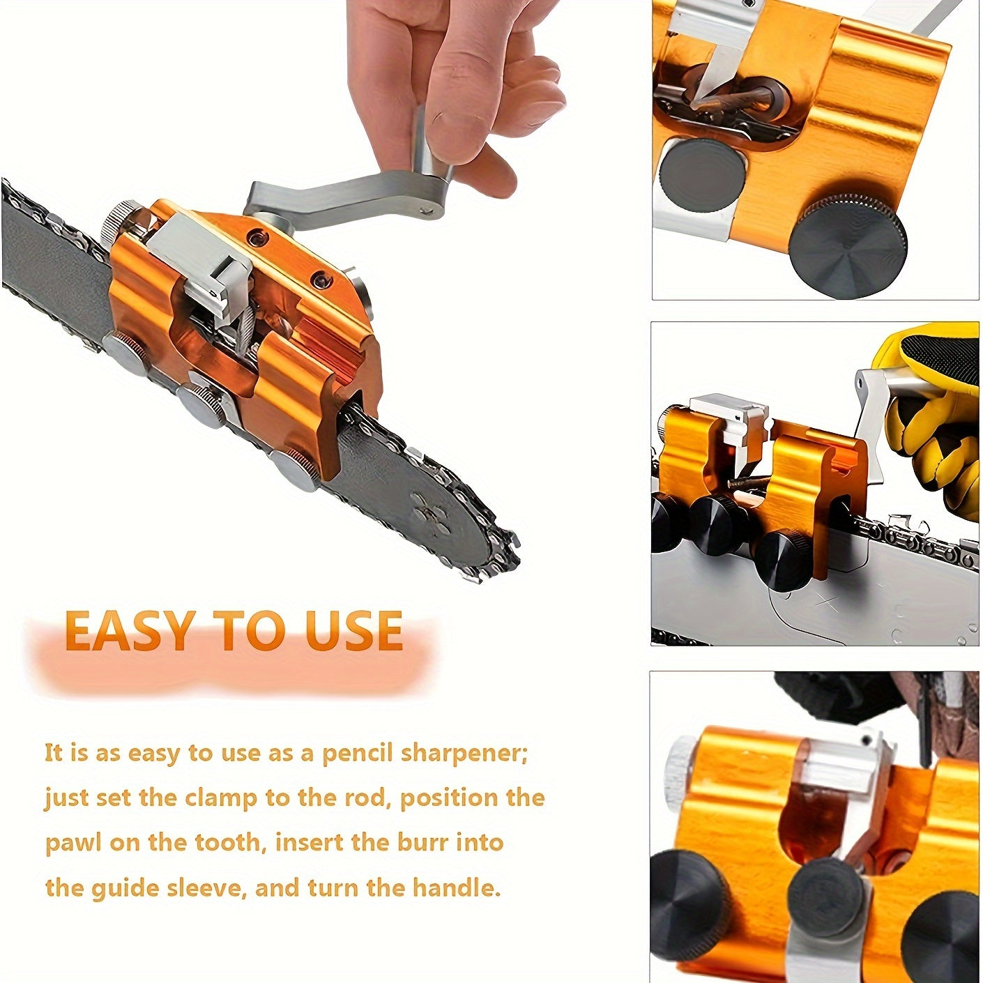 Hand-crank chainsaw sharpener for blades 20.32-55.88cm, ideal for outdoor equipment.