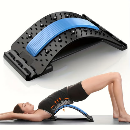 Multi-level back pain relief device with adjustable settings and massager for upper and lower back pain, suitable for use in bed, chair, and car.