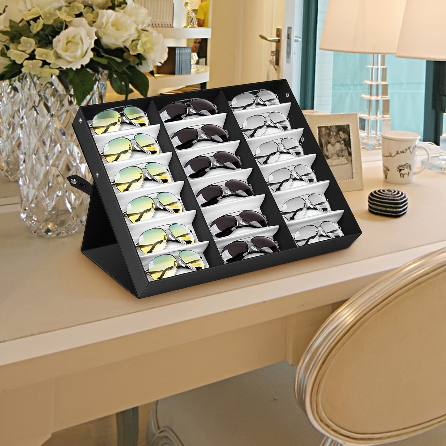 Upgraded 18-slot glasses organizer with clear lid, fabric lining, and snap close. Ideal for displaying glasses in stores.