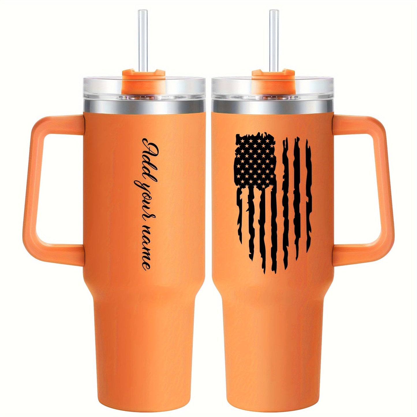 Introducing our custom 40oz stainless steel tumbler with a convenient handle and lid. This personalized tumbler features an American flag print and is double wall vacuum insulated for keeping your drinks at the perfect temperature while you're on the go.