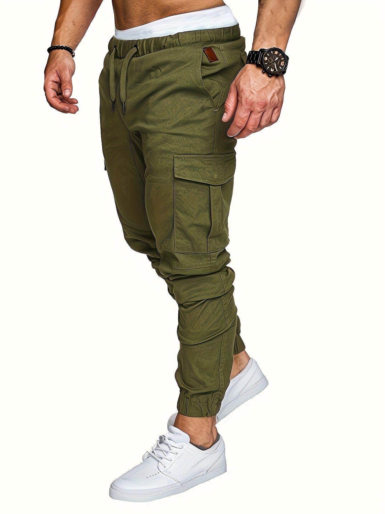 Men's casual cotton cargo pants with solid color, regular length, non-stretch fabric, drawstring waist, standard fit, and woven weave, suitable for all seasons.