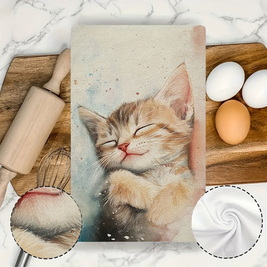 Indulge in the cozy charm of these 2 ultra-soft kitchen towels, each adorned with the soothing image of a dreaming kitten. These highly absorbent dish towels are an ideal choice for holiday decorating, able to be effortlessly cleaned in the washing