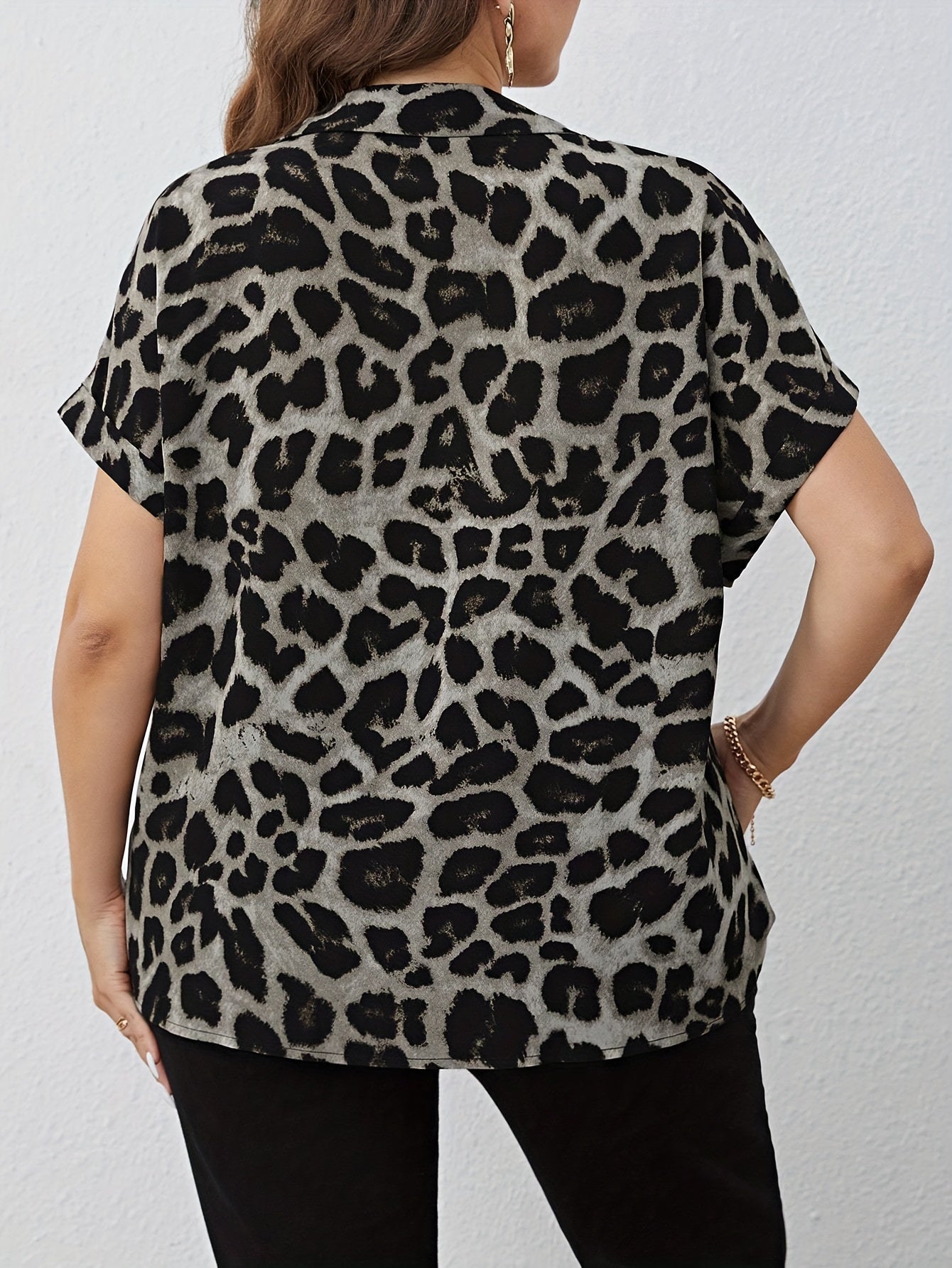 Leopard Print V-Neck Blouse for Plus Size Women - Casual Polyester Top for Work & Casual Wear