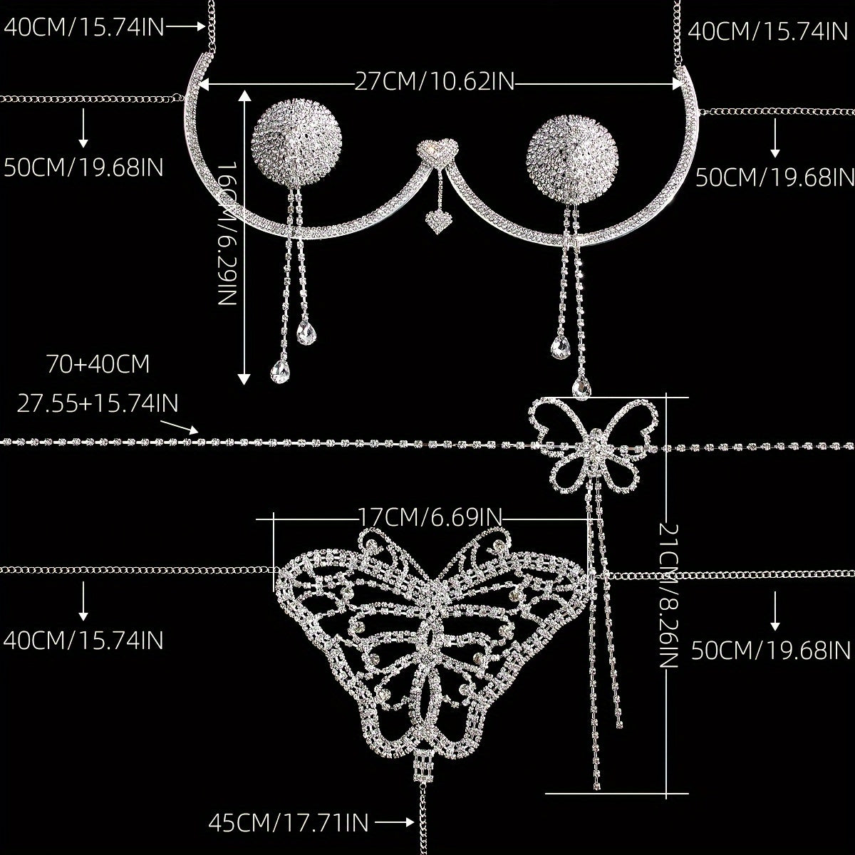 Collection of four pieces of women's alluring and glamorous rhinestone-embellished bikini thong body chain set