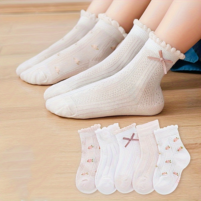 5 girls' mesh socks with bowknots - floral pattern, ideal for spring/summer