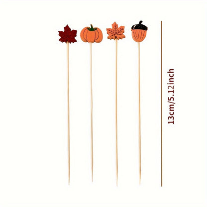 50 bamboo cocktail picks for appetizers and fruit skewers, featuring decorative leaves, pumpkins, and acorns. Perfect for Thanksgiving, Halloween, Christmas, Easter, and parties.