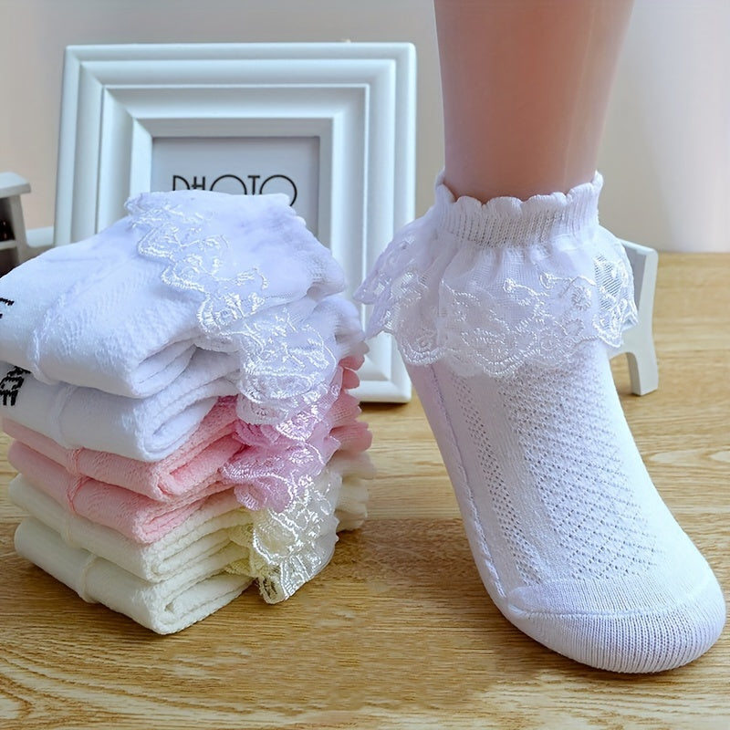 4 pairs of lace ruffle trim crew socks for girls, breathable and comfy princess dance socks.