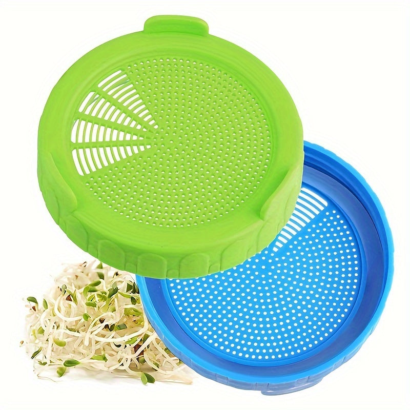 Two plastic sprouting lids designed for 86mm wide mouth mason jars. Includes 2 strainer lids for canning jars. Ideal for growing broccoli seeds, bean sprouts, alfalfa, and salad sprouts.