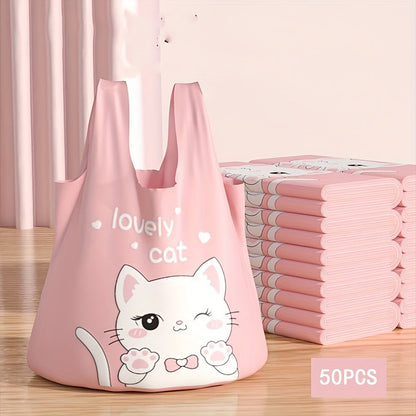 50 adorable pink kitten drawstring trash bags, each holding 15.14 liters and made with extra thick 30μm material. Ideal for use at home or while shopping.