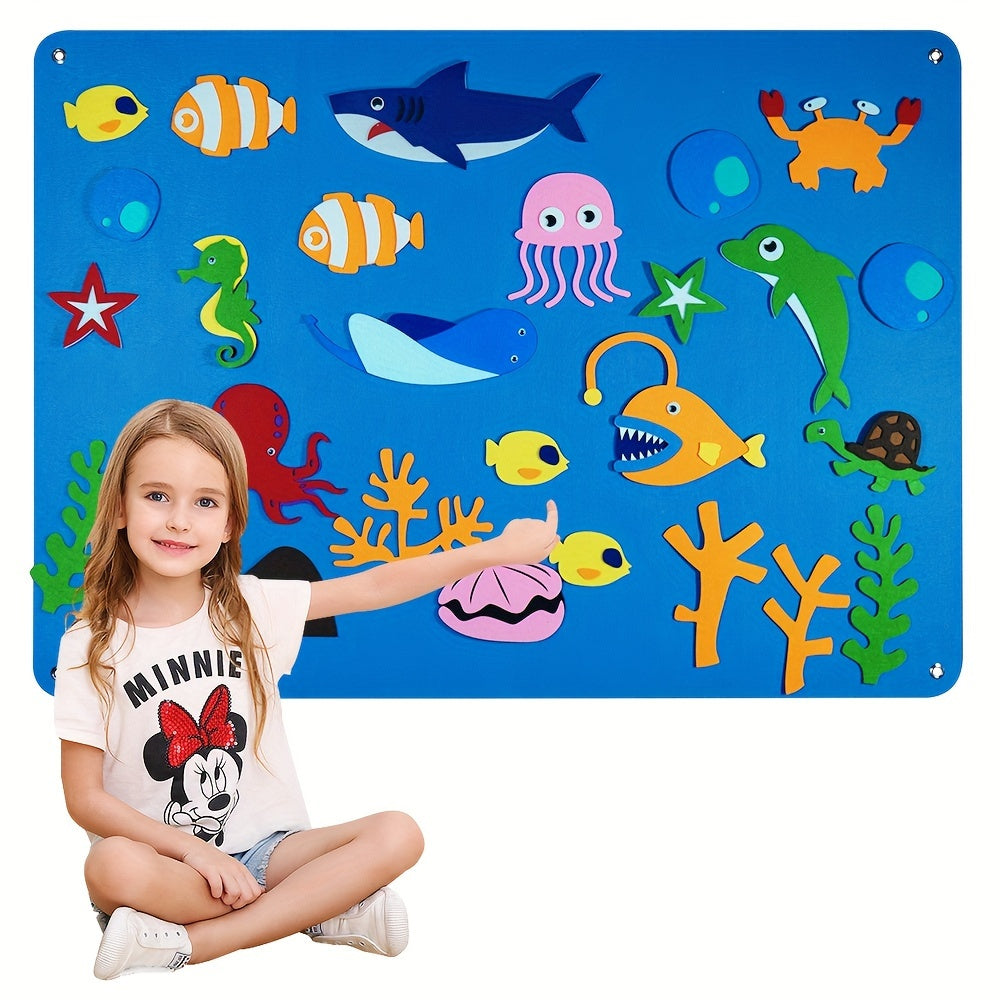 Ocean Animals Felt Board Set - Dive into the Underwater World with this interactive storytelling flannel toy set featuring a Shark, Octopus, Dolphin, and Turtle. Perfect for kids ages 3 and up, this wall hanging game is reusable and made from durable