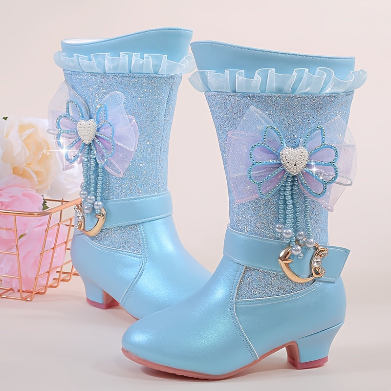 Princess boots for winter with velvet, snow, and bows.