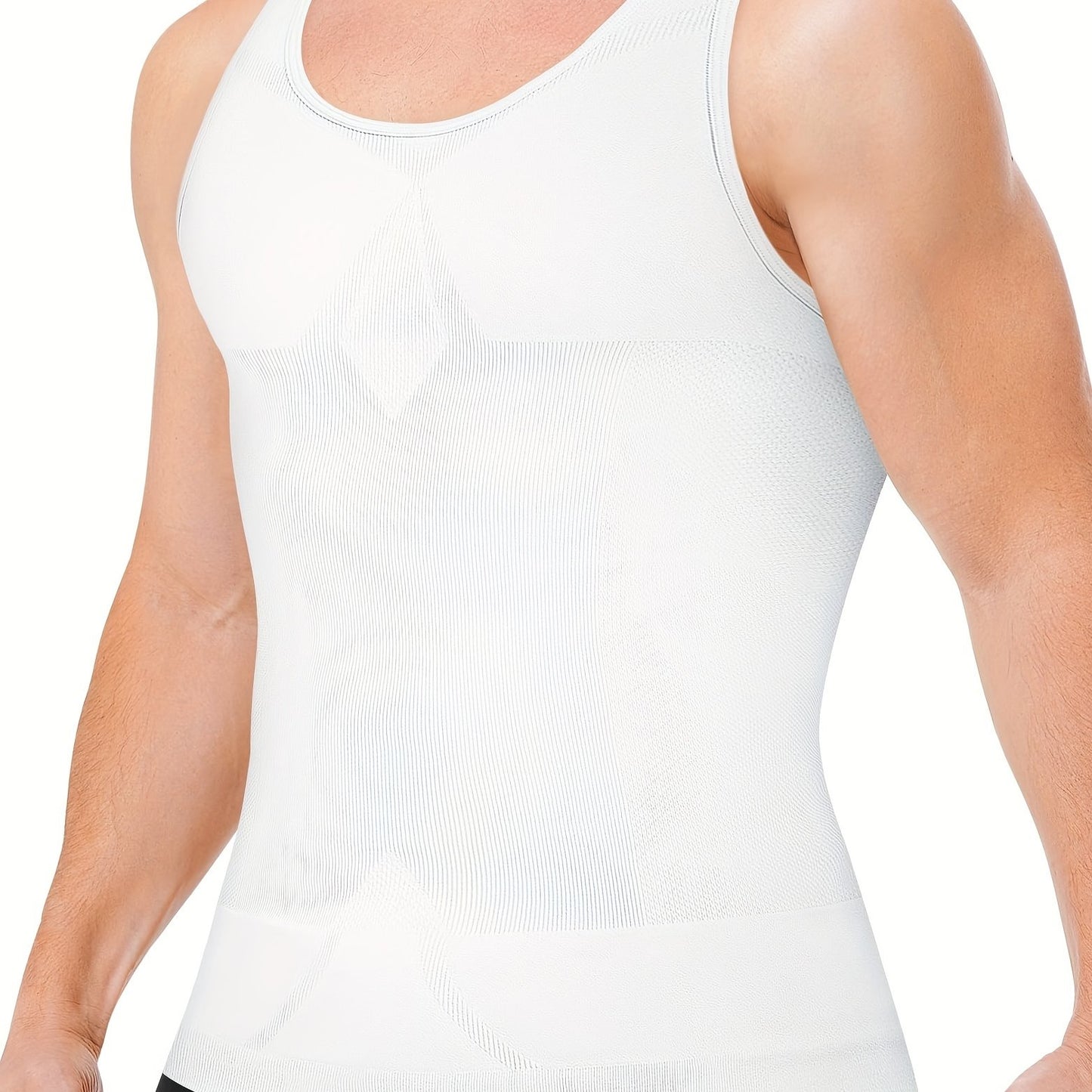 Men's slimming body shaper tank top made of breathable nylon-spandex blend. Sleeveless with off-shoulder neckline. Flexible and stretchy for all-season wear. Sporty style.