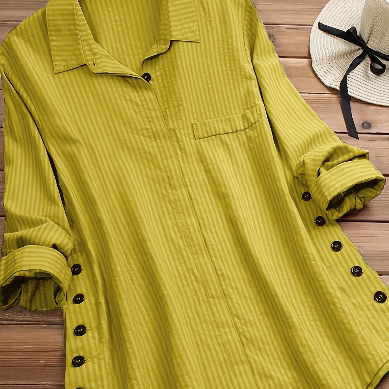 Spring collection: green striped long sleeve women's shirt with button detail - casual yet chic, 100% polyester, machine washable, versatile top with chest pocket.