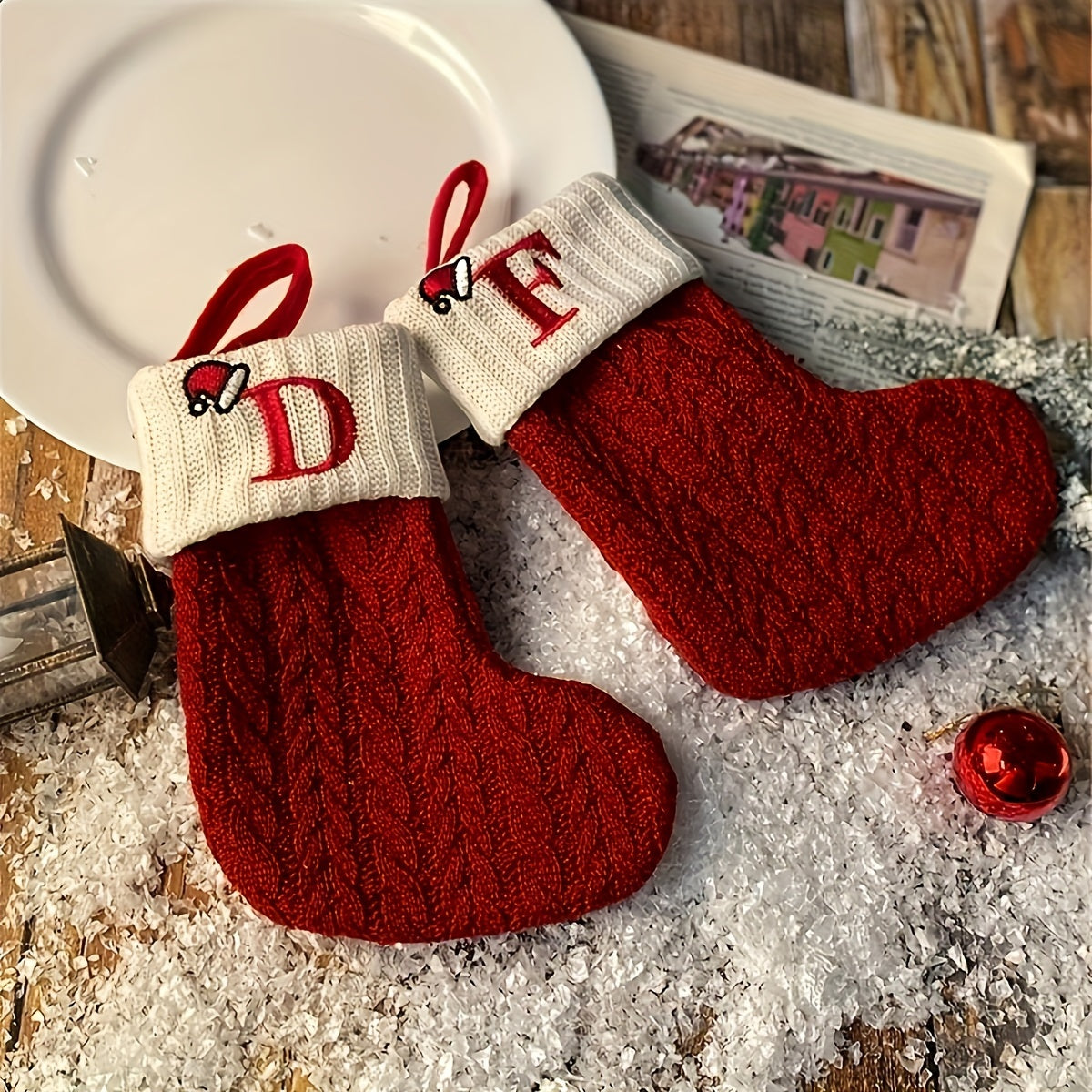 Knitted polyester stockings with personalized initials for festive parties, no electricity required.