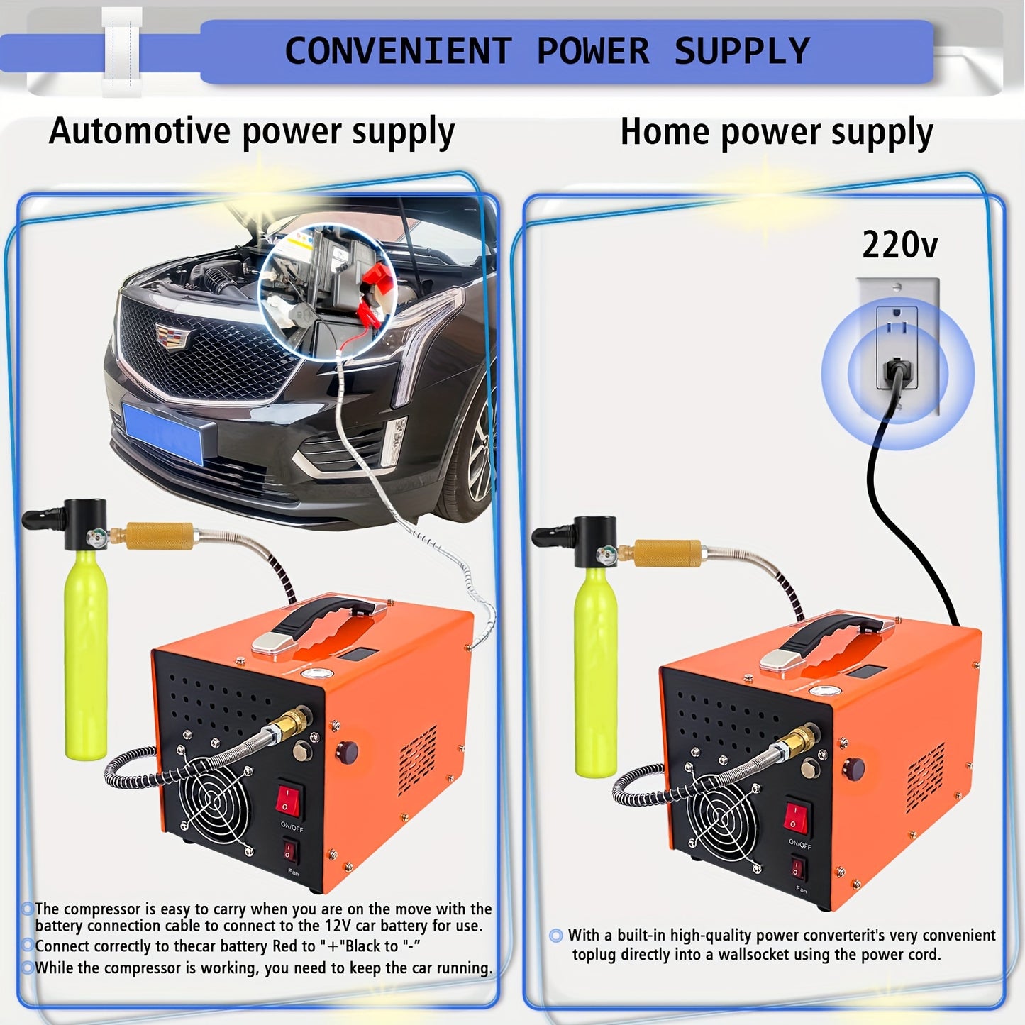 NUOGE portativ havo kompressori mini submersible shishalar uchun qo'lda to'xtatish, ichki quvvat adapteri, ventilyator bilan sovutish, 4500Psi/30Mpa/300bar.