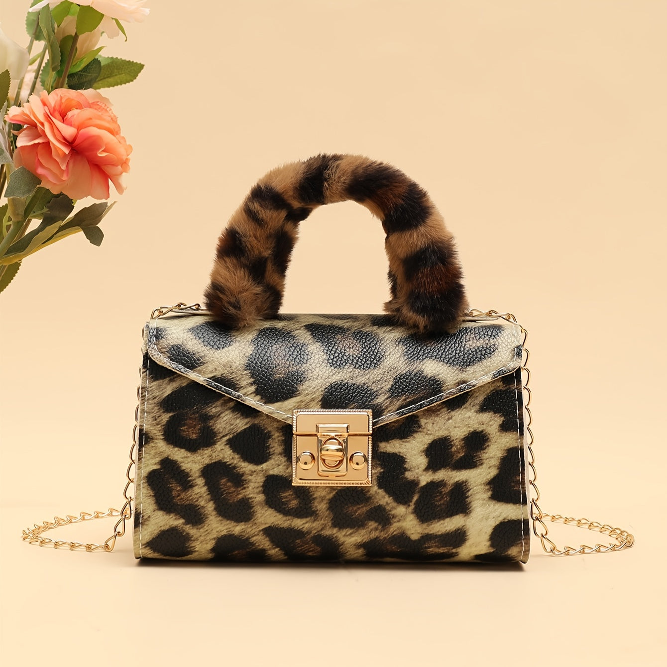 Furry chain crossbody bag with wrist lock and animal print, perfect for daily outings in autumn and winter.