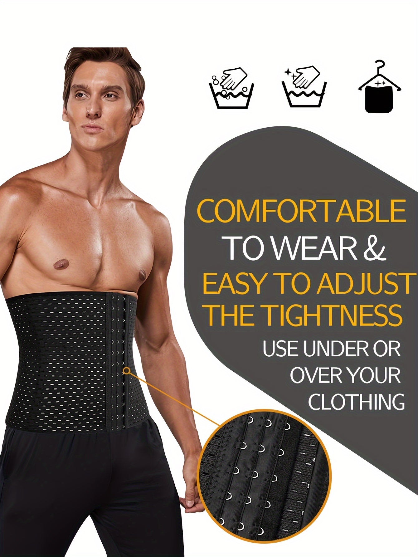 Men's breathable mesh waist belt with 3 row buckle and 4 steel bones for tummy control, ideal for daily wear.